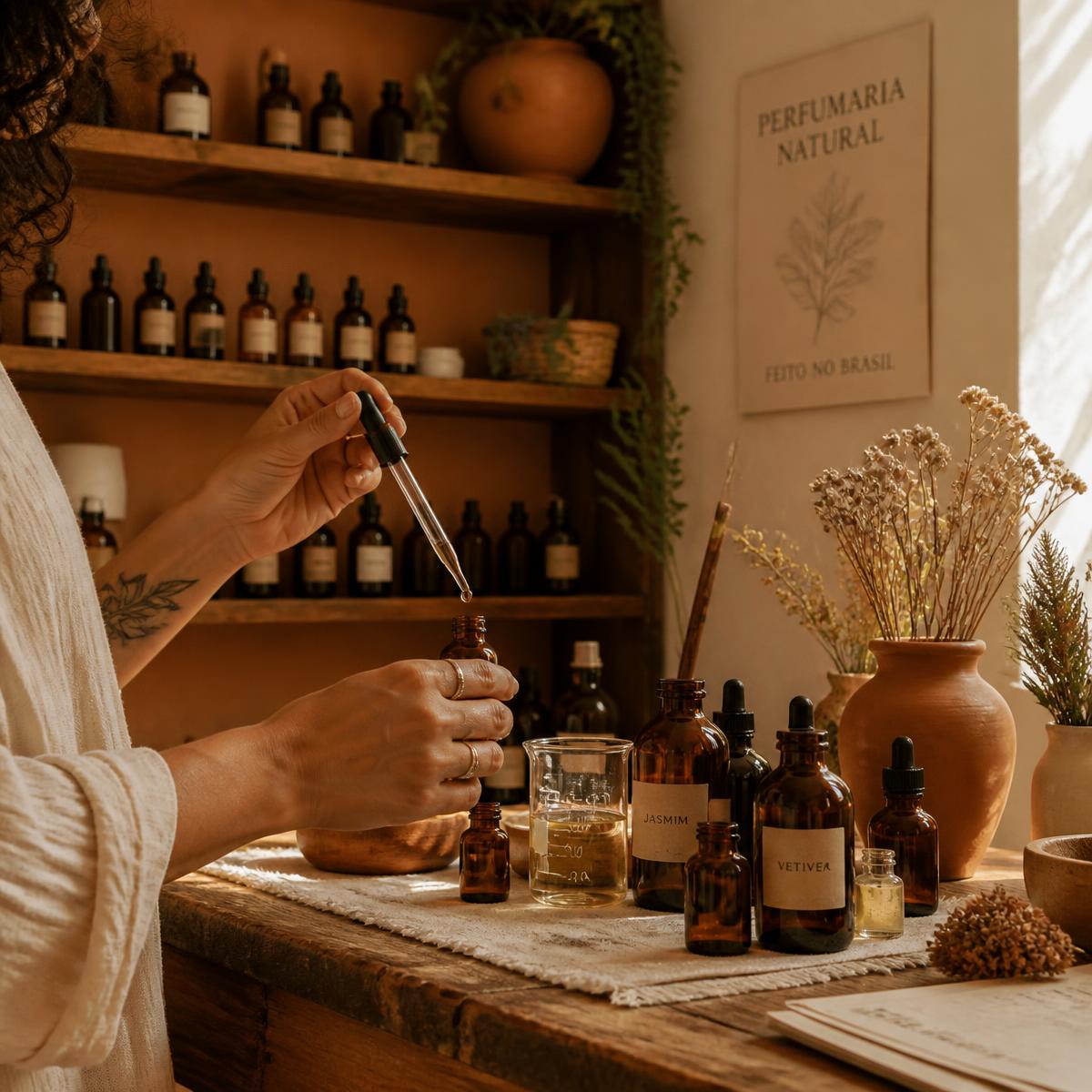Bancada de trabalho da perfumaria artesanal Perfumiz em Campinas
